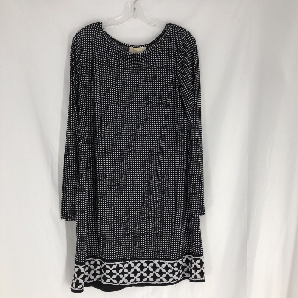 Michael Kors Shift Dress XL Midi Black White Check 3/4 Sleeve